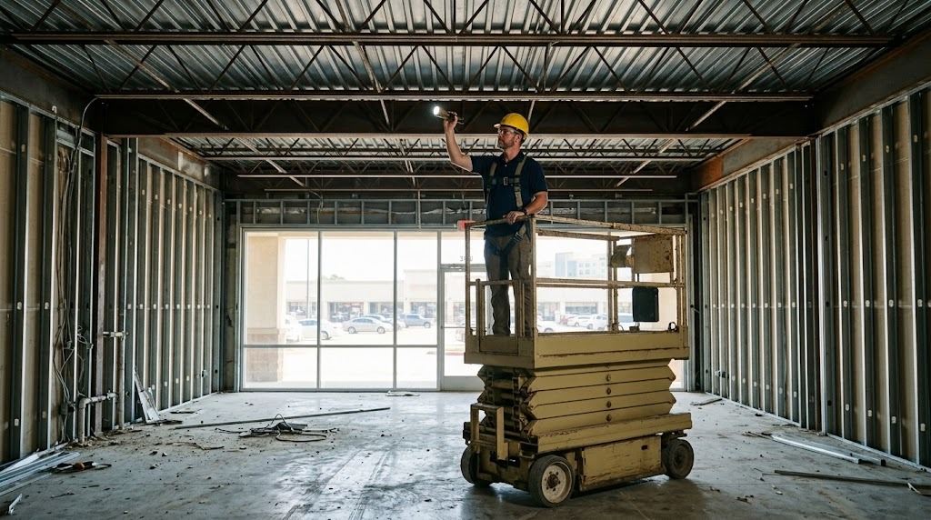 Structural engineer on a scissor lift in an empty Houston strip-center retail bay with the ceiling grid removed, examining open-web steel bar joists and the metal roof deck above (illustrative photo, not an actual job site)