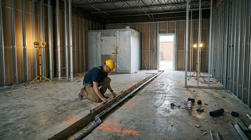 Restaurant tenant improvement in a Houston commercial space with a neatly cut concrete slab trench for plumbing running across the future kitchen, steel stud walls framed and a walk-in cooler box in the background (illustrative photo, not an actual job site)