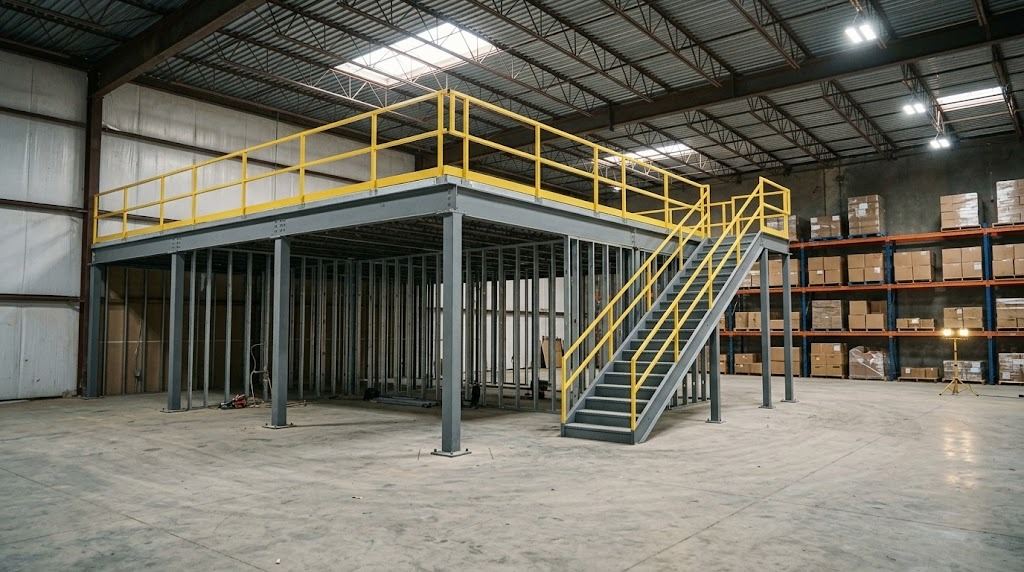 New steel mezzanine with a guardrail and stair inside a Houston warehouse, office framing going in beneath it and pallet racking along the far wall (illustrative photo, not an actual job site)