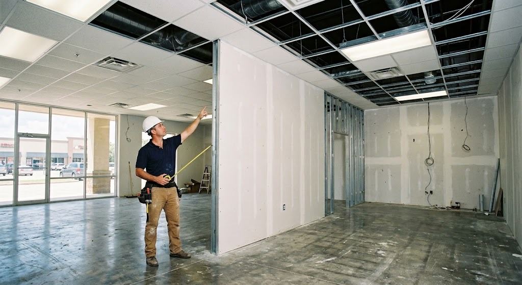 Engineer evaluating a full-height partition wall inside an empty Houston commercial tenant space with a drop ceiling and glass storefront (illustrative photo, not an actual job site)