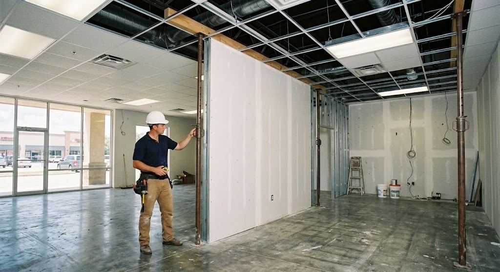 Ceiling tiles pulled and temporary shoring set on both sides before any demolition starts. (illustrative photo, not an actual job site)