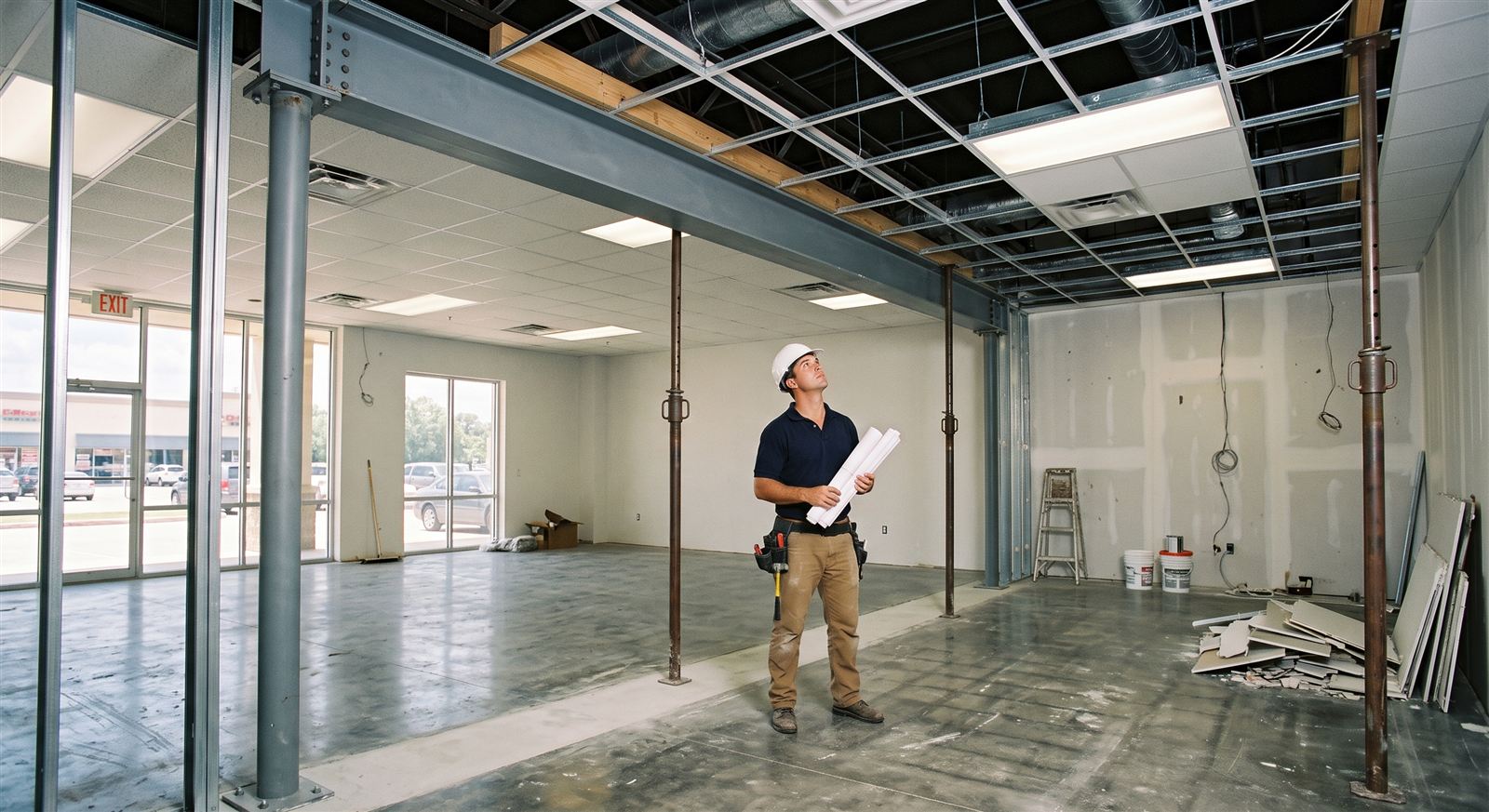 The wall out, with a new steel beam and posts carrying what it used to. (illustrative photo, not an actual job site)