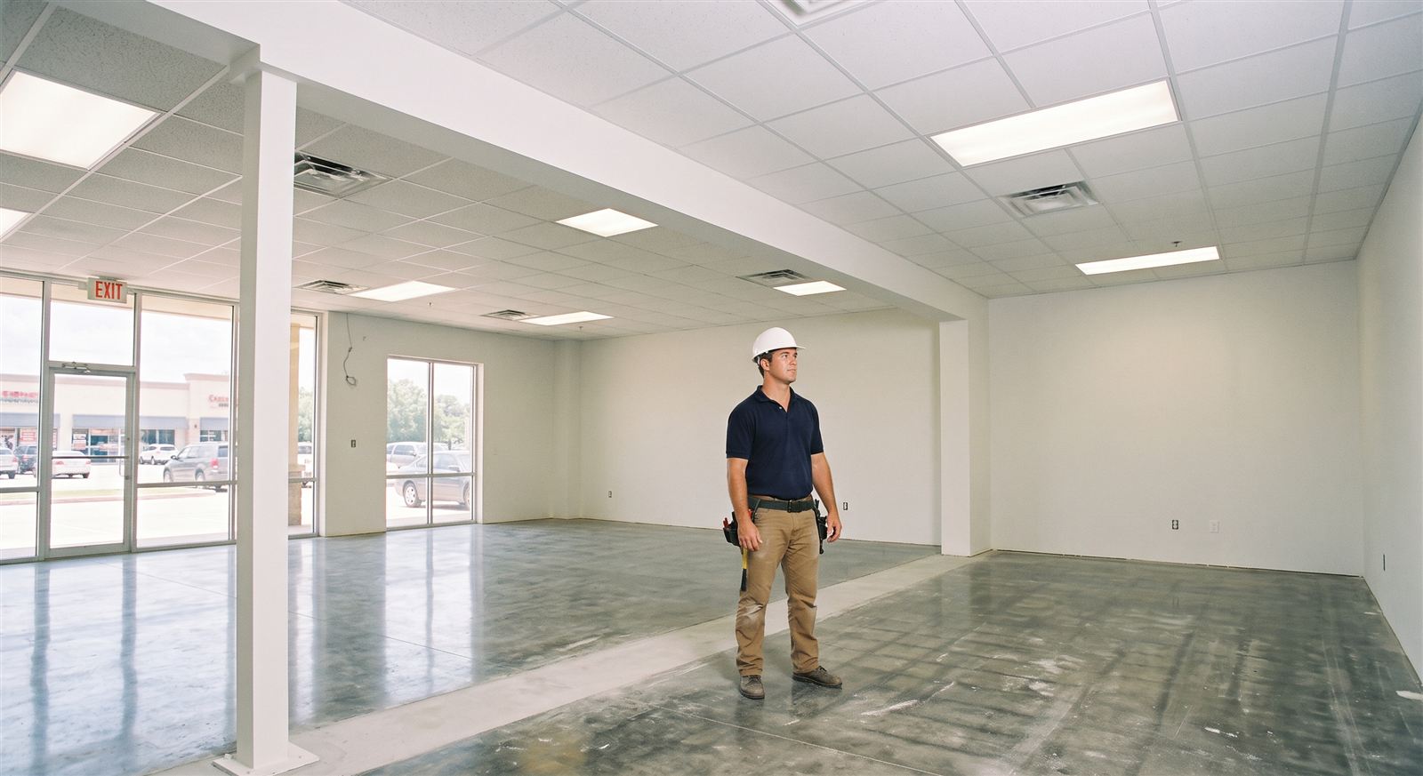 Finished open commercial floor in Houston after a partition wall removal, with the beam enclosed in a drywall soffit and the drop ceiling reinstalled (illustrative photo, not an actual job site)