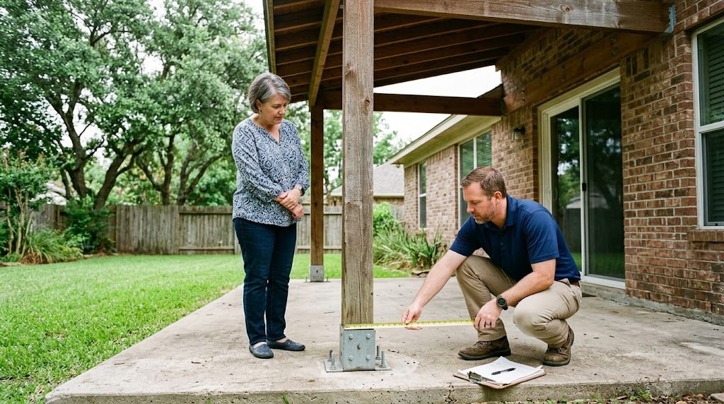 Structural engineer with a tape measure and clipboard inspecting the post base and anchor bolts of a wood patio cover attached to a Houston brick home while the homeowner watches (illustrative photo, not an actual job site)