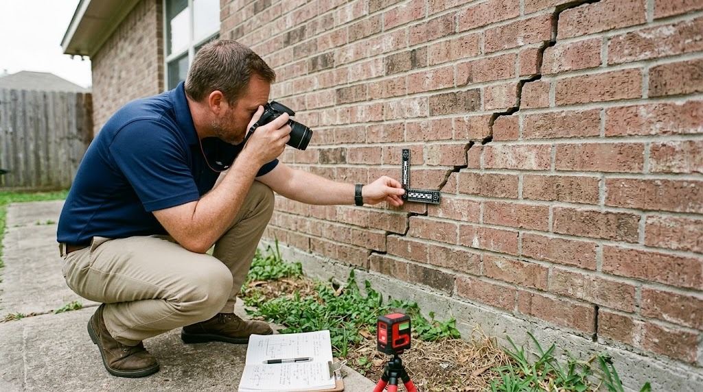 Structural engineer photographing a diagonal crack in the brick veneer of a Houston home with a scale ruler held beside it, a laser level and notebook on the ground (illustrative photo, not an actual job site)