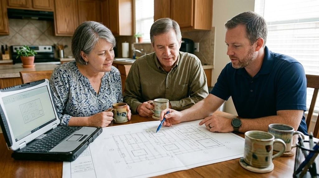 Structural engineer and a homeowner couple at a kitchen table reviewing a sealed patio cover drawing beside a laptop showing the framing plan (illustrative photo, not an actual job site)