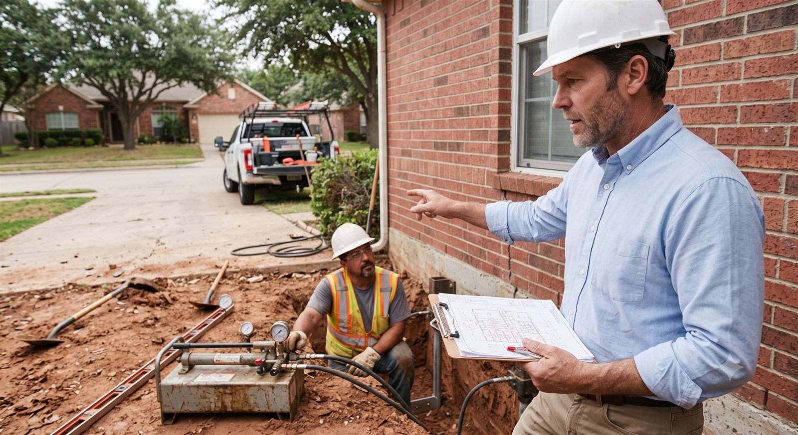 Structural engineer reviewing a structural drawing on a Houston job site while a foundation repair is underway in the background (illustrative photo, not an actual job site)