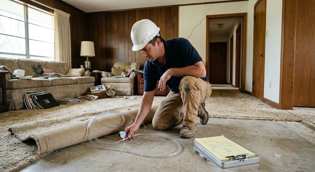 Engineer kneeling on the exposed slab of a Houston living room taking a foundation elevation reading with a manometer, clipboard with a floor plan grid beside him (illustrative photo, not an actual job site)