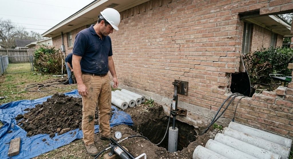 Pressed concrete piling cylinders being driven beneath the grade beam of a Houston home with a hydraulic ram, excavated clay soil piled beside the hole (illustrative photo, not an actual job site)