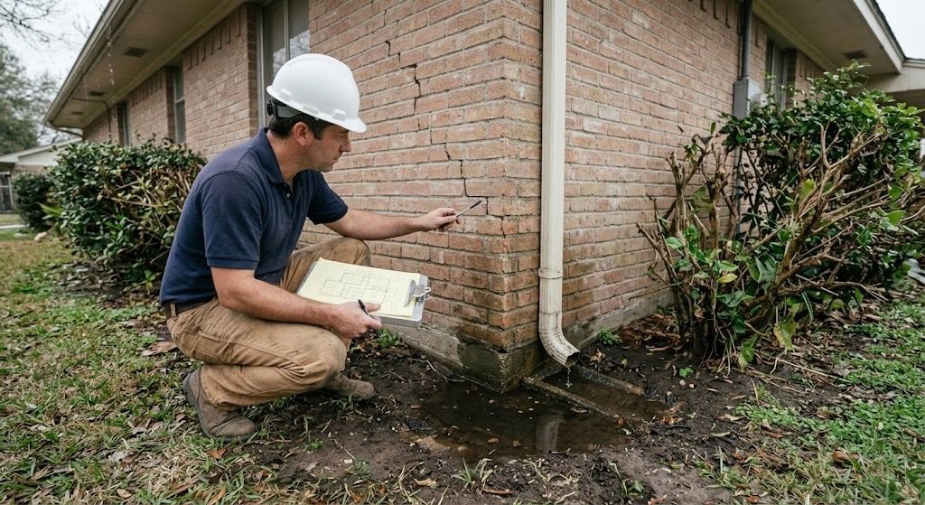 Downspout discharging against the brick foundation of a Houston home with water pooled in the flowerbed and a stair-step crack in the mortar above (illustrative photo, not an actual job site)
