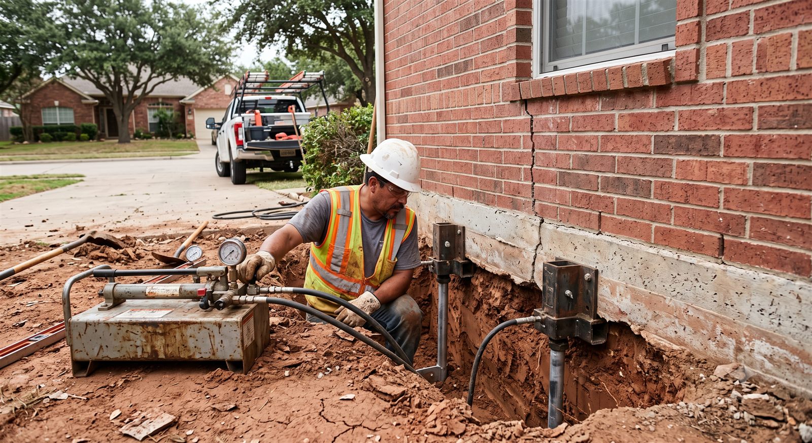 Technician servicing hydraulic push piers under a cracked brick foundation during a Houston foundation repair (illustrative photo, not an actual job site)