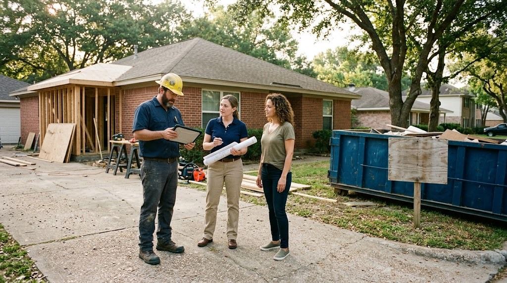Contractor with a tablet, a structural engineer with rolled drawings, and a homeowner meeting on the driveway of a Houston brick home with a dumpster and a posted permit board visible behind them (illustrative photo, not an actual job site)