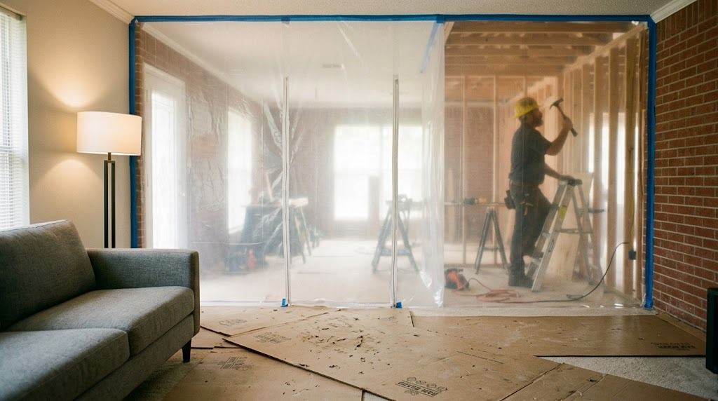 Interior of a Houston home during a structural renovation with a floor-to-ceiling plastic dust barrier and zippered door separating a furnished living room from a framing work zone beyond it (illustrative photo, not an actual job site)