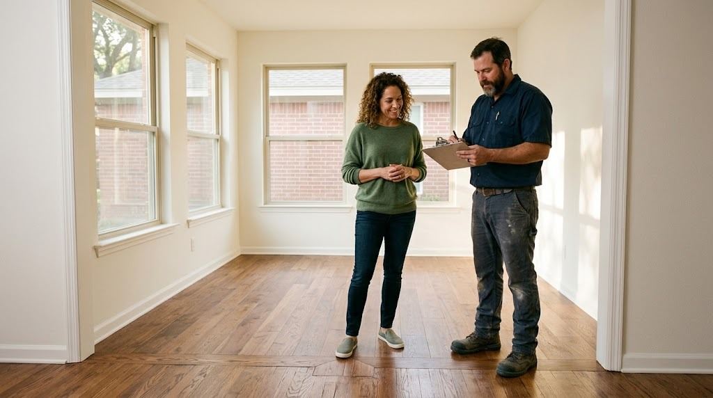 Contractor and homeowner doing a final walkthrough in a newly finished open-plan room in a Houston home, the contractor holding a clipboard punch list while the homeowner looks at the blended hardwood floor (illustrative photo, not an actual job site)