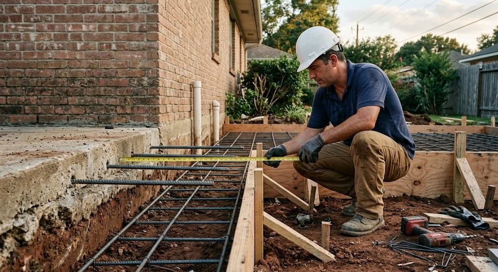 Rebar dowels epoxied into the edge of an existing Houston slab, extending into the formwork for a new room addition foundation (illustrative photo, not an actual job site)
