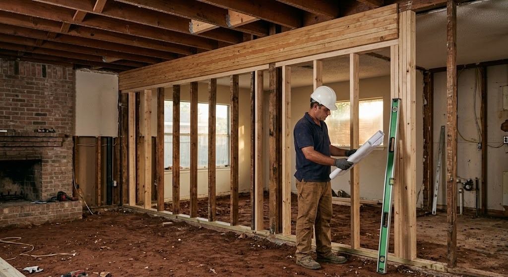 Interior bearing wall in a Houston home with drywall removed, new studs sistered to the originals and a new beam on top, being prepared for a second-story addition (illustrative photo, not an actual job site)