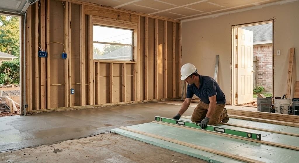 Attached garage in a Houston home mid-conversion to a bedroom, with the garage door opening framed in and a leveling layer poured over the sloped slab (illustrative photo, not an actual job site)