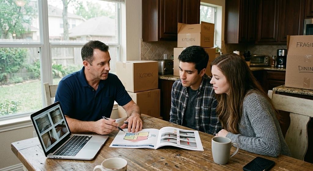 Engineer at a kitchen table walking a young couple through a printed structural inspection report with a plotted elevation diagram, moving boxes in the background (illustrative photo, not an actual job site)