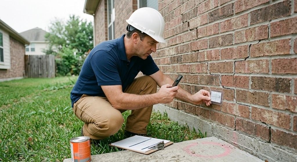 Engineer crouched at the brick wall of a Houston home holding a transparent crack-width gauge against a stair-step mortar crack and photographing it (illustrative photo, not an actual job site)