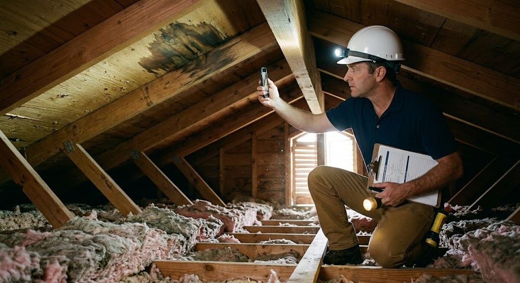 Engineer balanced on ceiling joists in a Houston attic photographing the rafters and a beam with a phone, headlamp on, a water stain visible on the roof decking (illustrative photo, not an actual job site)