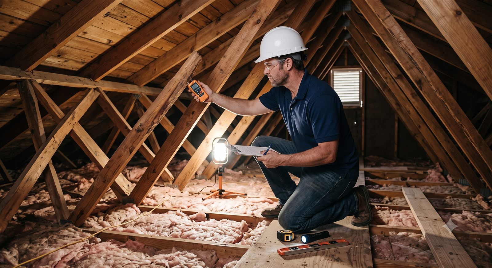 Inspector in a Houston home's attic documenting roof framing conditions with a moisture meter and clipboard (illustrative photo, not an actual job site)