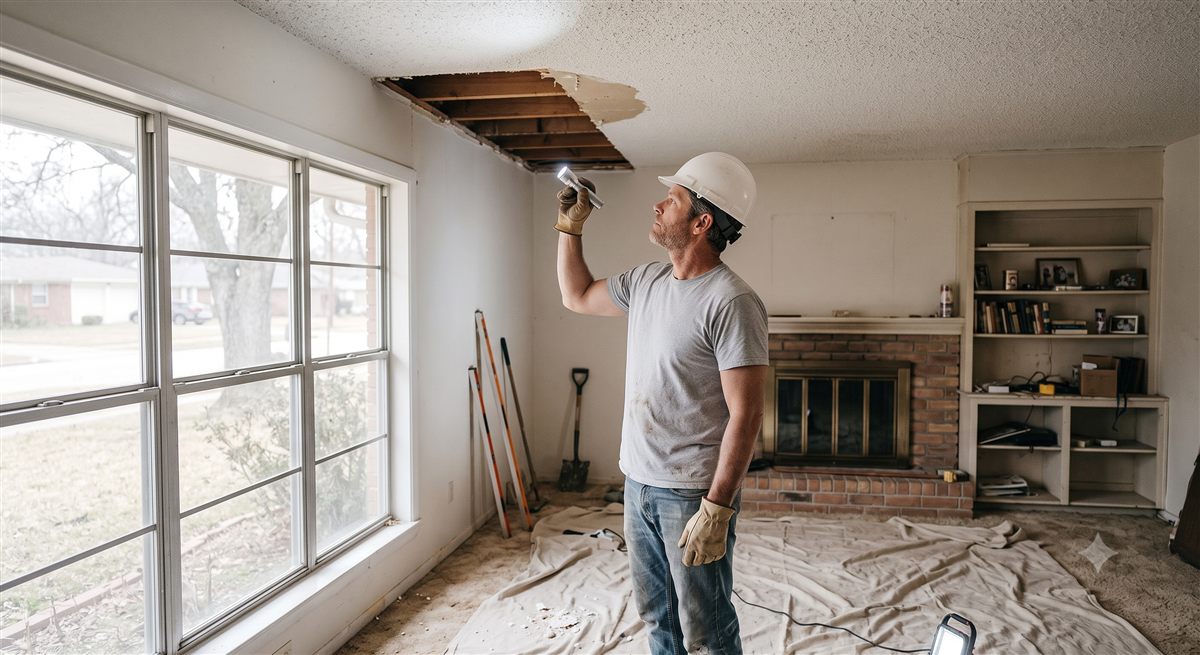 Inspecting the framing above the wall before anything comes out. (illustrative photo, not an actual job site)