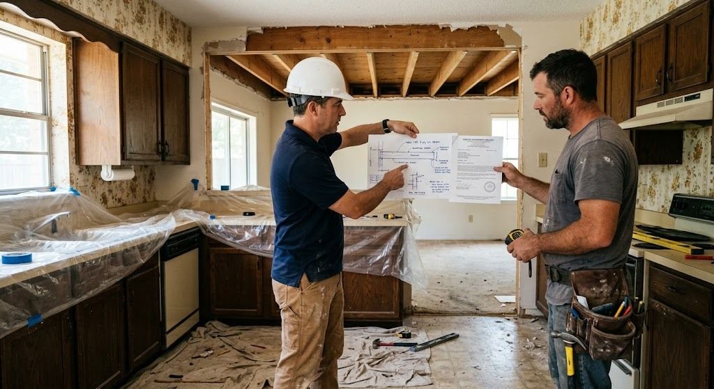 Structural engineer in a hard hat and a contractor with a tool belt reviewing a stamped beam drawing and engineering letter in front of an opened kitchen wall in a 1970s Houston ranch home (illustrative photo, not an actual job site)
