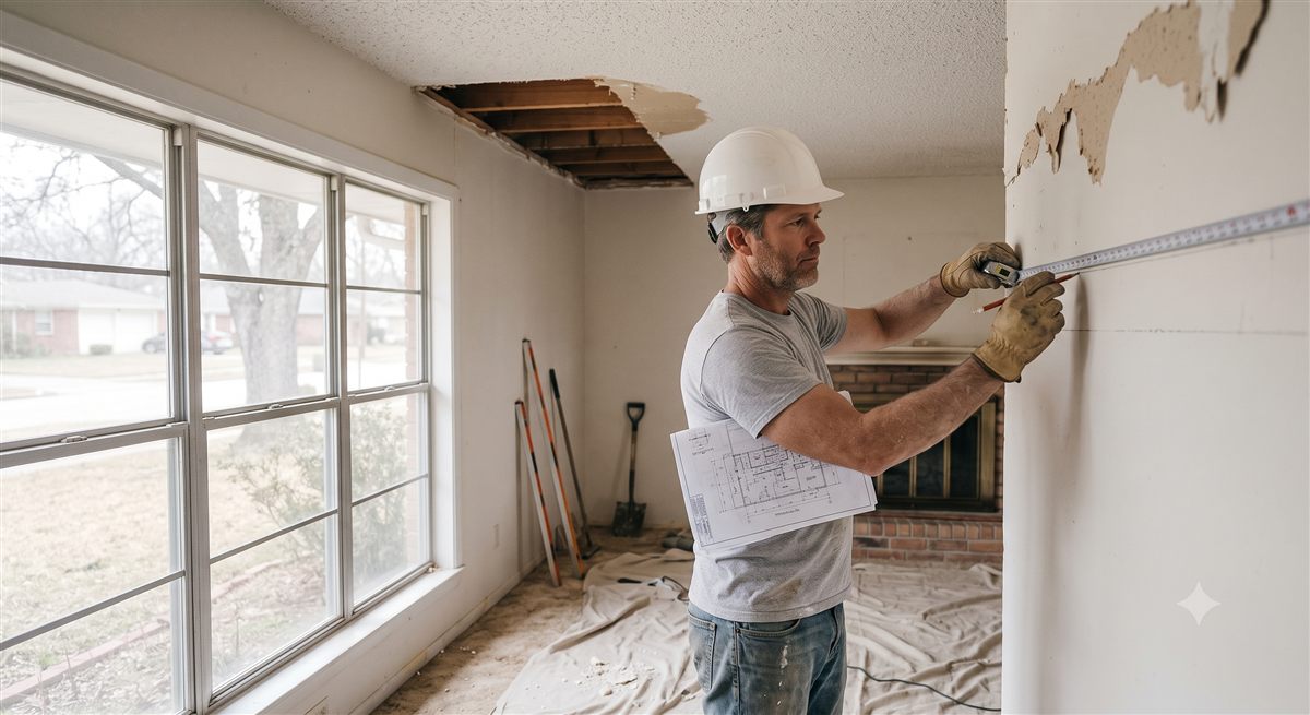 Marking the wall against the structural drawing. (illustrative photo, not an actual job site)