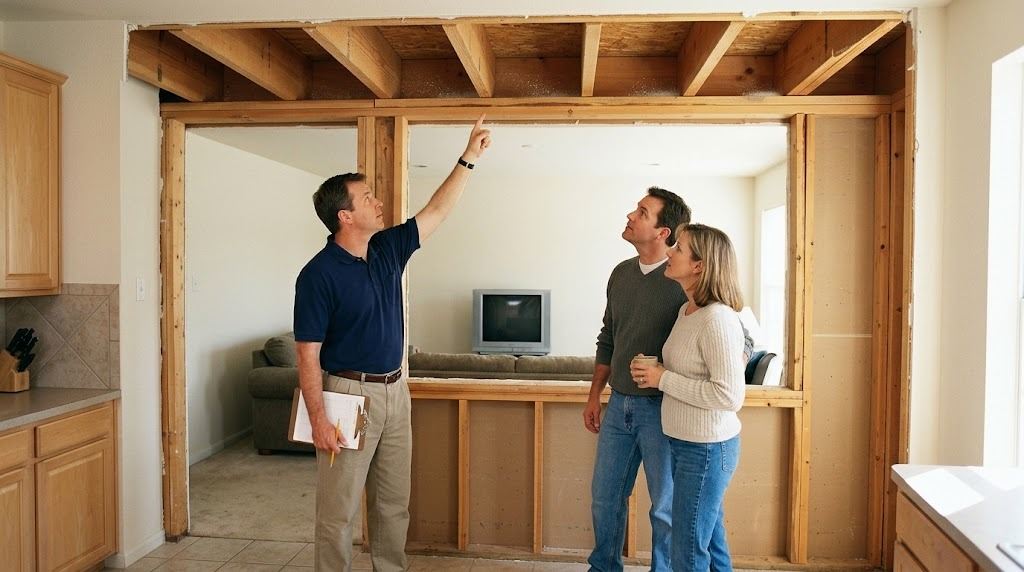 Structural engineer pointing up at exposed floor joists resting on the top plate of a first-floor wall between the kitchen and family room of a 1990s two-story Houston home, explaining the load to a homeowner couple (illustrative photo, not an actual job site)