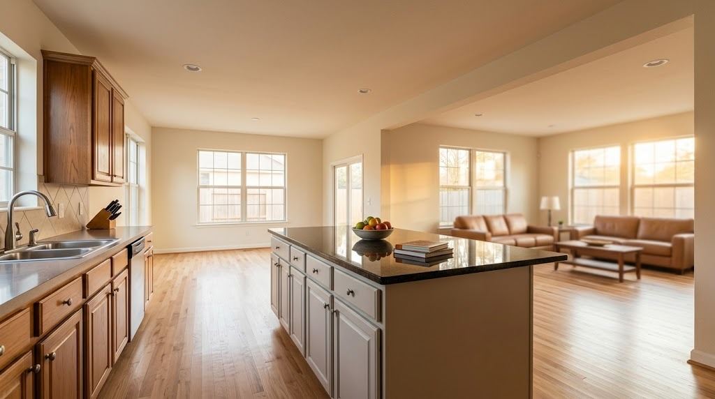 Finished open kitchen and family room in a Houston home after a bearing wall was removed, with a flat continuous ceiling over a flush beam, new oak flooring, and a kitchen island where the wall used to stand (illustrative photo, not an actual job site)