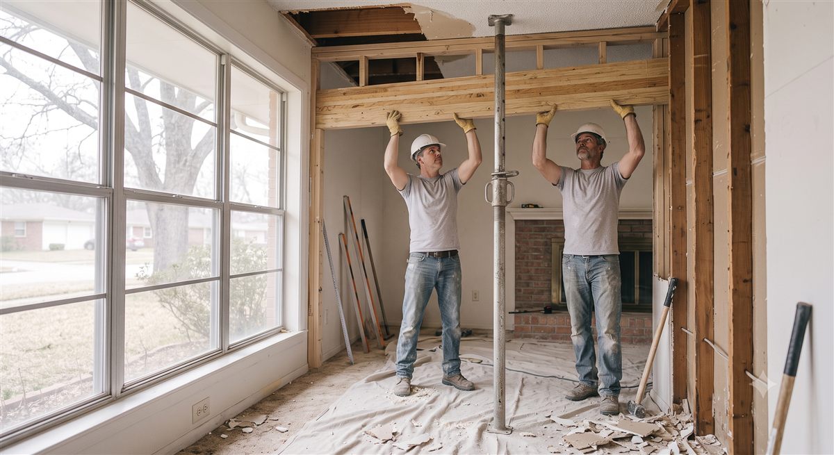 Setting the new engineered beam in place of the wall. (illustrative photo, not an actual job site)