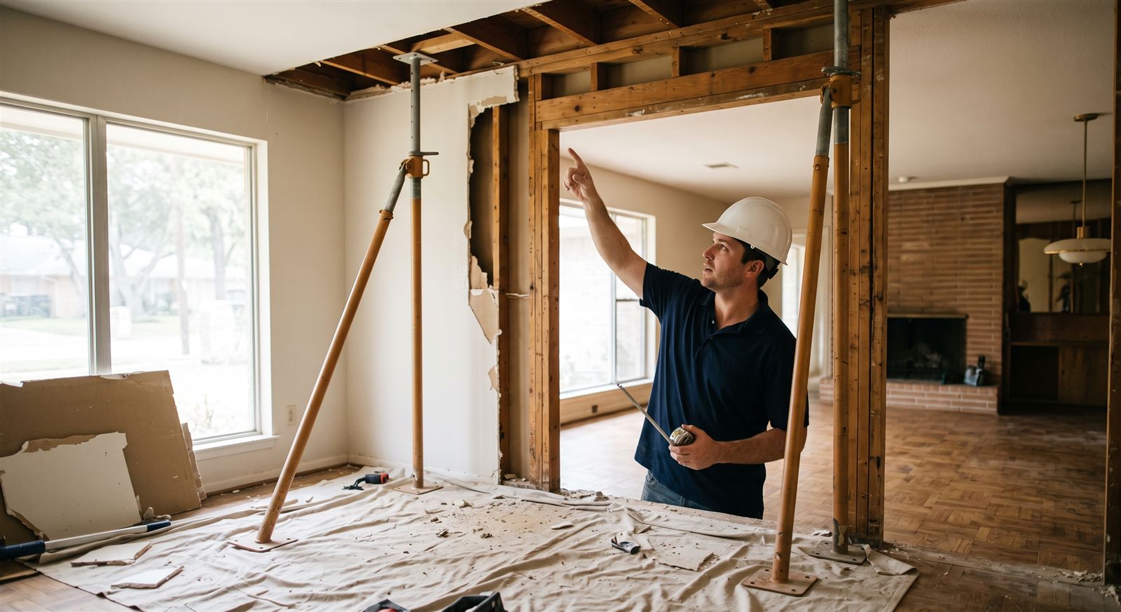 Confirming the load path against the ceiling framing before finalizing the beam size. (illustrative photo, not an actual job site)