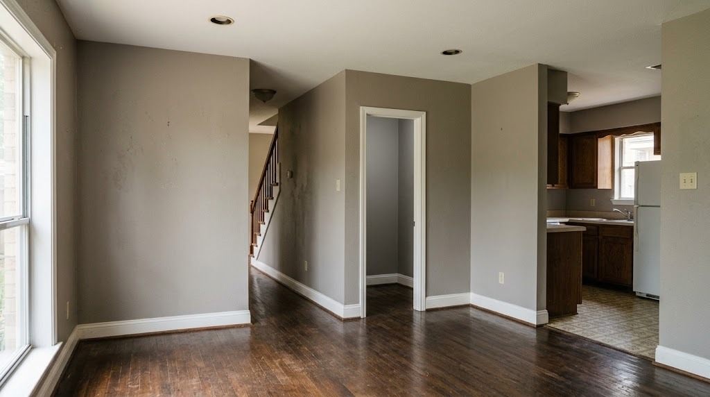 First floor interior before remodeling, chopped into separate rooms by three full-height walls, with a staircase to the second floor and a dated kitchen visible through the openings (illustrative image, not a documentary photo of this project)