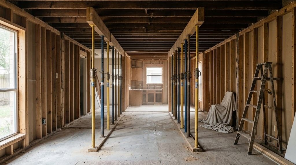 Two rows of adjustable steel shoring posts with timber headers running the length of a stripped first floor, ceiling removed and second-floor joists exposed above (illustrative image, not a documentary photo of this project)