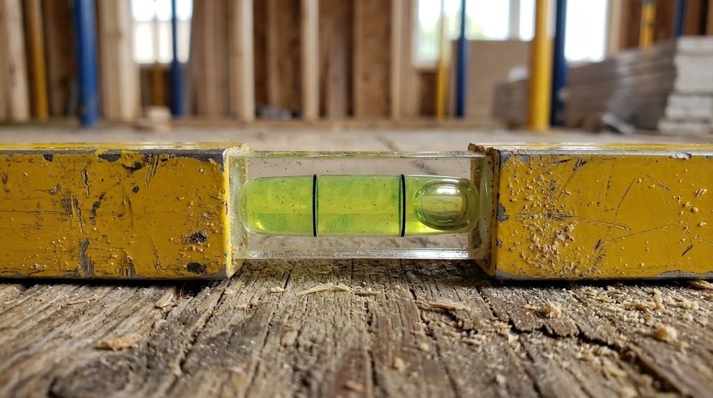 Close-up of a spirit level lying flat on rough timber with the bubble sitting well outside the marks, showing the floor is out of level (illustrative image, not a documentary photo of this project)
