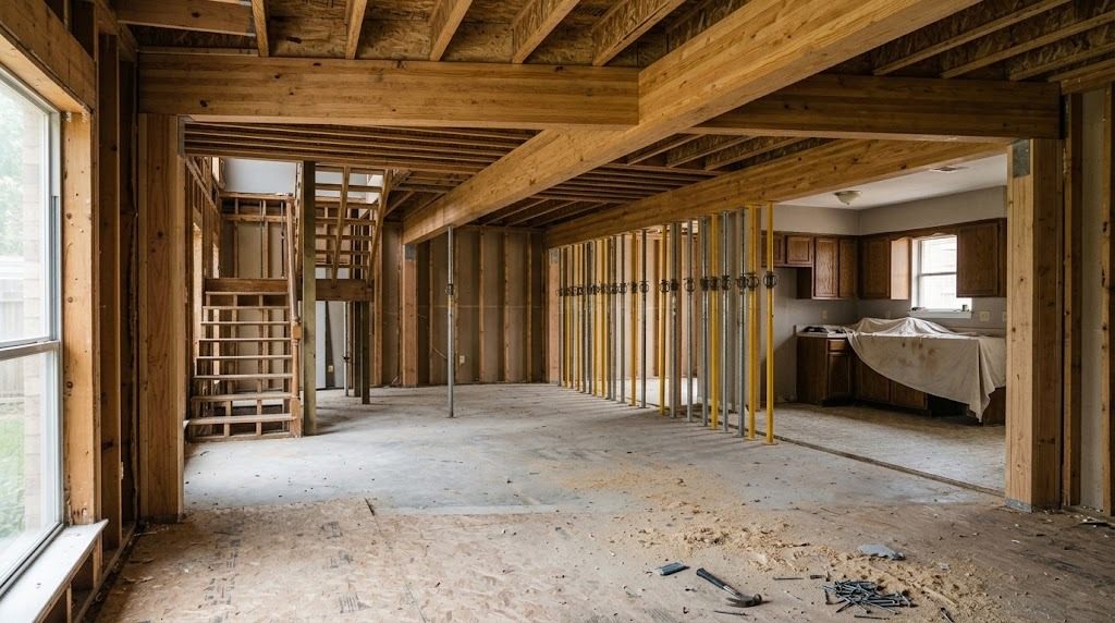 Open first floor with all three walls removed, new beams spanning the ceiling and steel shoring posts still standing beneath them (illustrative image, not a documentary photo of this project)