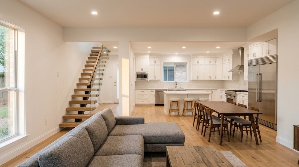 Finished open-plan first floor running from a living area through a dining table to a white kitchen, with a flat continuous ceiling and no visible beam (illustrative image, not a documentary photo of this project)