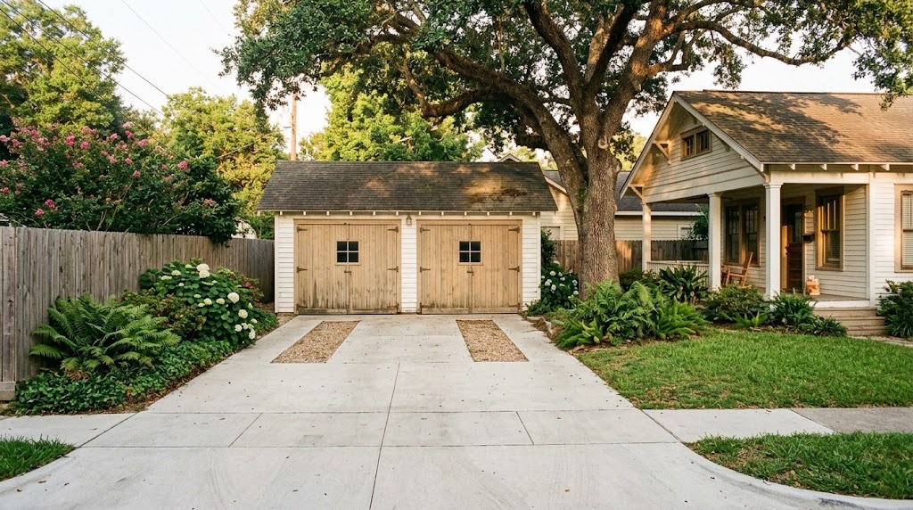 A detached white clapboard two-car garage behind a 1920s craftsman bungalow on a Houston Heights lot, shaded by a live oak (illustrative rendering, not a photo of the project)
