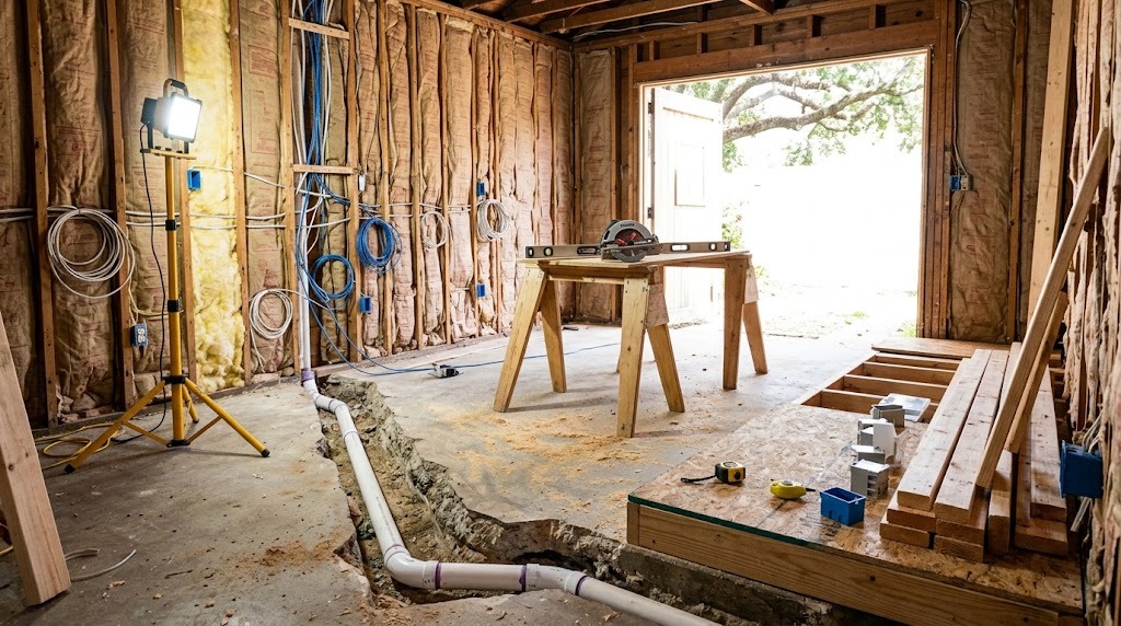The same garage mid-renovation with exposed studs and insulation, speaker and data cable run to the media wall, and a trench cut through the slab with new drain lines for the bathroom (illustrative rendering, not a photo of the project)