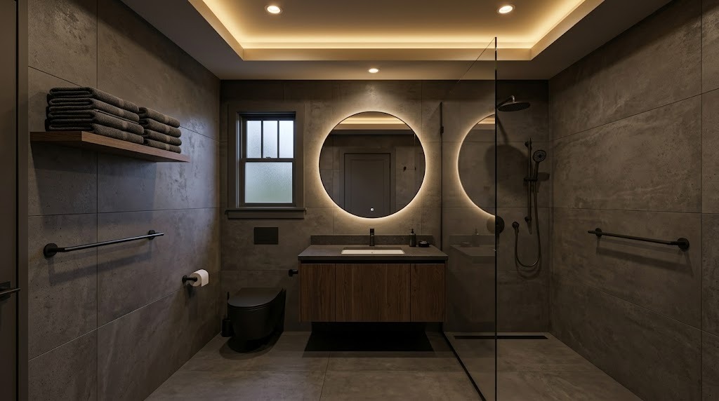 A compact high-end bathroom with large format porcelain tile, a floating stone-topped vanity, matte black fixtures, a backlit mirror and a frameless glass walk-in shower (illustrative rendering, not a photo of the project)