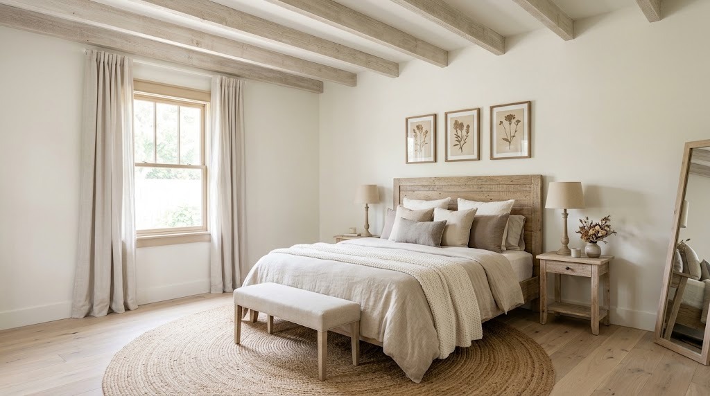 A guest bedroom in a converted garage, finished in a light rustic farmhouse style with cream walls, pale ceiling beams, a linen-dressed bed, a jute rug and a window with light curtains (illustrative rendering, not a photo of the project)