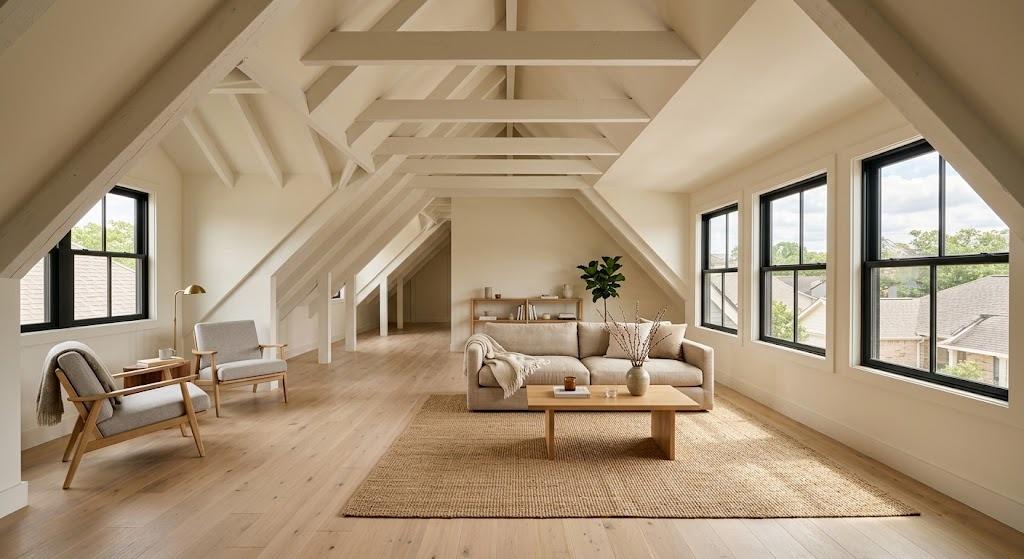 Finished attic living space with the ceiling following the roof pitch, painted white rafters exposed, pale oak floorboards, black framed dormer windows and a low linen sofa (illustrative rendering, not a photo of the project)