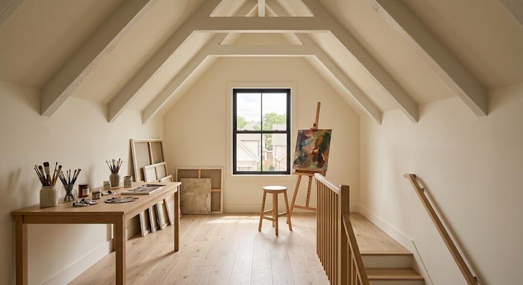 Compact art studio under a sloped ceiling with a black framed window, a long timber work table, jars of brushes, canvases against the wall and an easel, with a stair rail at the near edge (illustrative rendering, not a photo of the project)