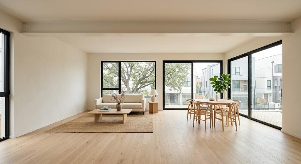 Open living floor in warm white and pale oak with a flush steel beam spanning the ceiling along the line where a load-bearing wall used to stand (illustrative rendering, not a photo of the project)