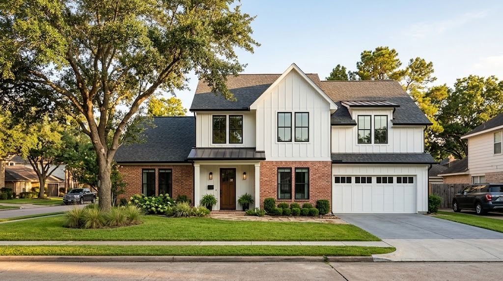 One-story red brick home in Katy, Texas with a new modern farmhouse second story in white board-and-batten siding and tall black-framed windows (illustrative rendering, not a photo of the project)