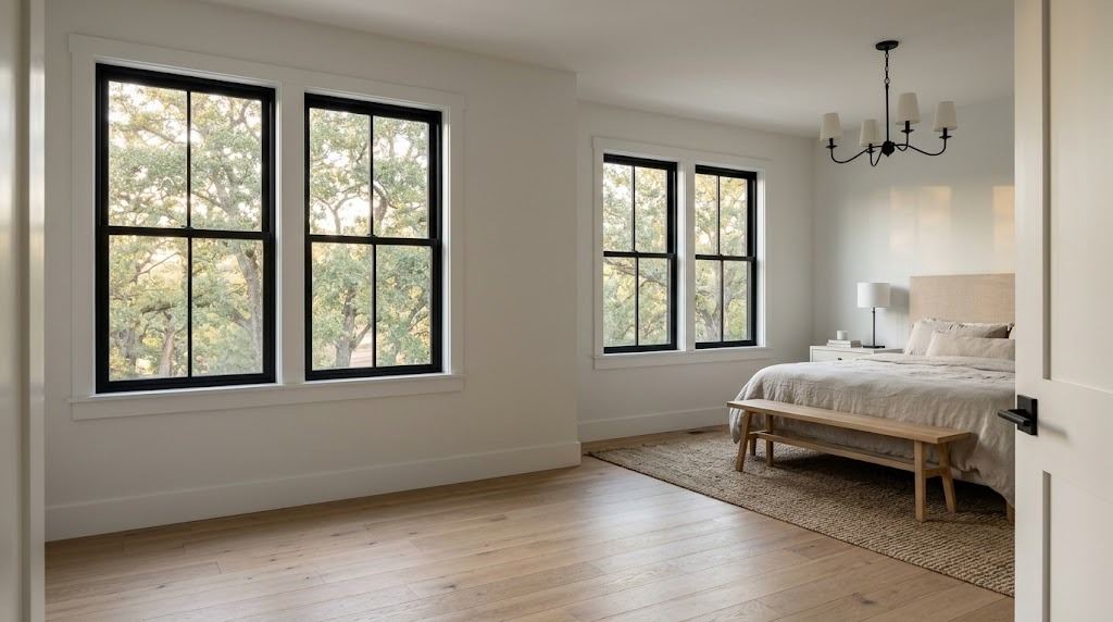 Farmhouse-style primary bedroom with two pairs of tall black-framed windows, white walls, wide-plank oak floor and a linen-dressed king bed (illustrative rendering, not a photo of the project)