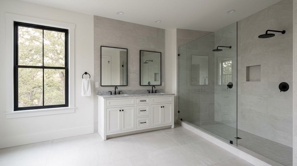 Primary bathroom in light grey porcelain tile with a white double vanity, black fixtures and a large glass walk-in shower with two rain shower heads on opposite walls (illustrative rendering, not a photo of the project)