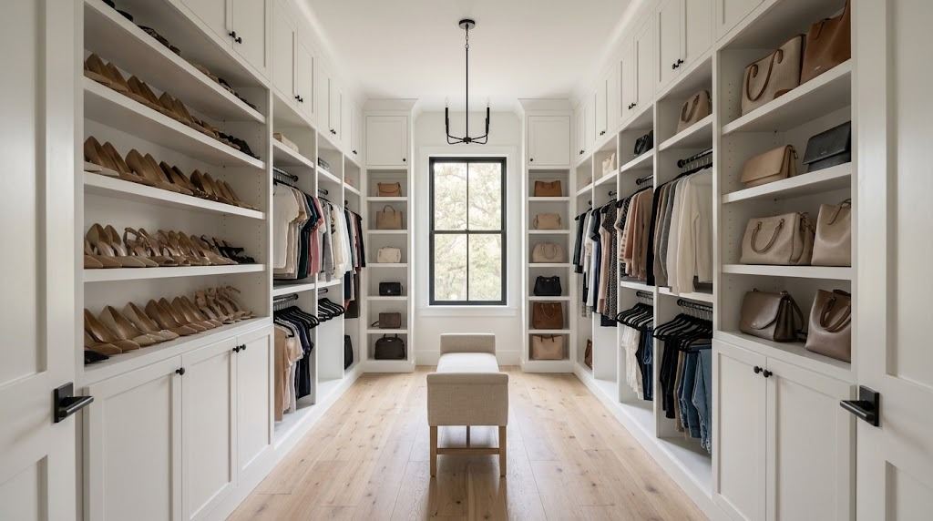 Walk-in closet with white built-in shelving displaying rows of shoes and handbags, hanging sections, an upholstered bench and a black-framed window at the end (illustrative rendering, not a photo of the project)