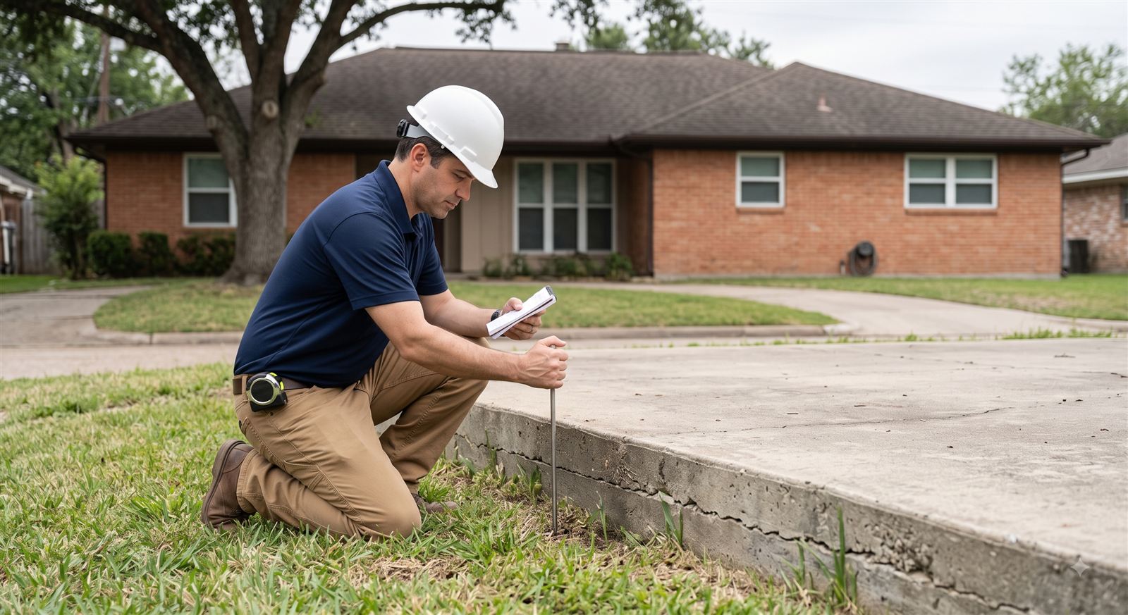 Structural engineer kneeling at the edge of a Houston home's foundation, checking soil conditions with a probe before a room addition (illustrative photo, not an actual job site)