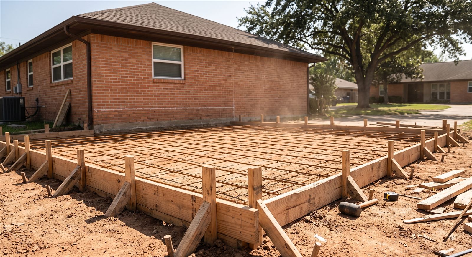 Wooden concrete forms and a rebar grid staked out for a new room addition foundation, tied into the existing house (illustrative photo, not an actual job site)